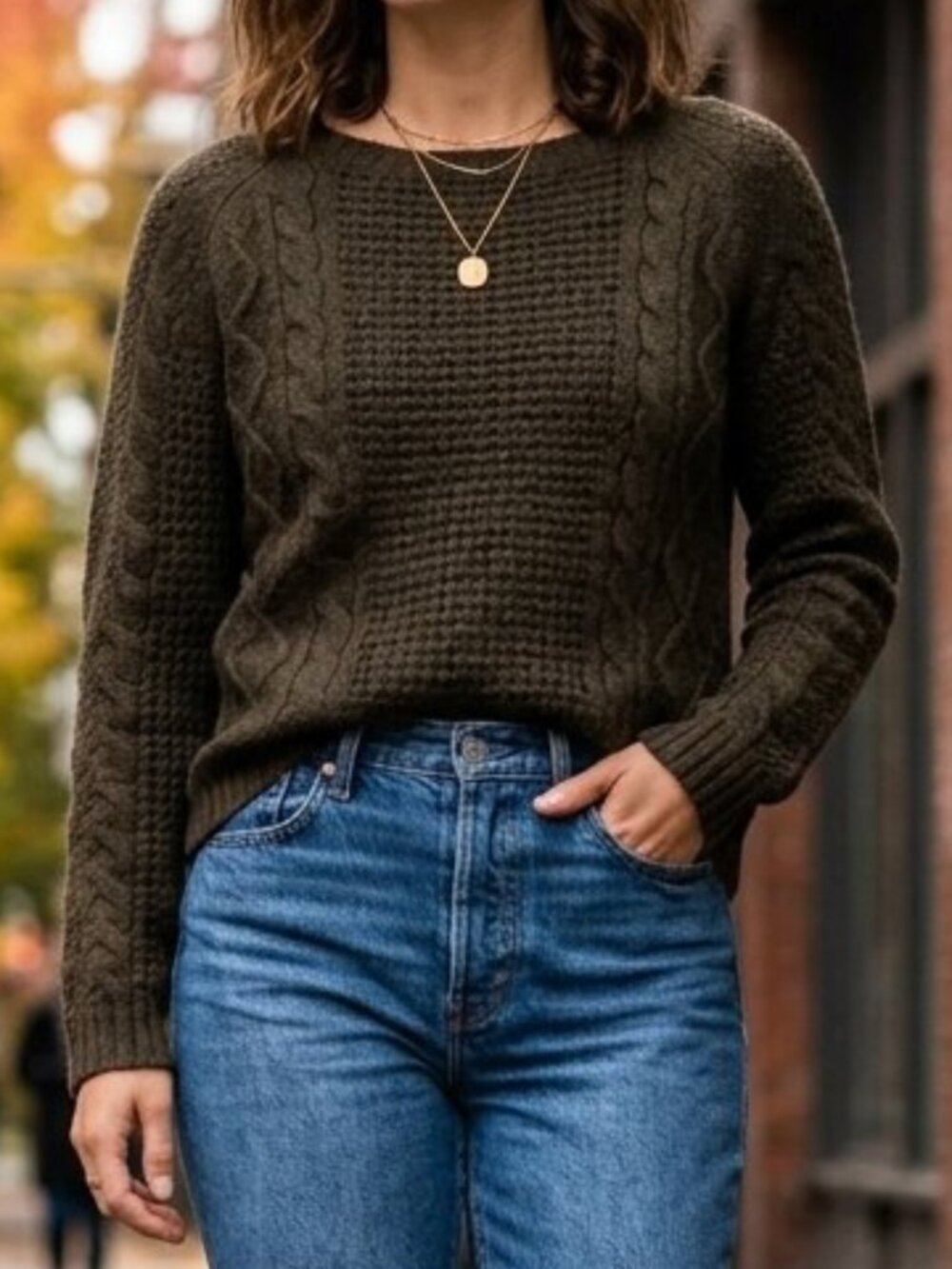 Greylin Olive Green Wool Blend Cable Knit & Pointelle Pullover Sweater Size S